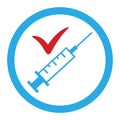 Vector icon of the Completed vaccination. The style is a two-tone flat round symbol, blue and red colors, white background. Royalty Free Stock Photo